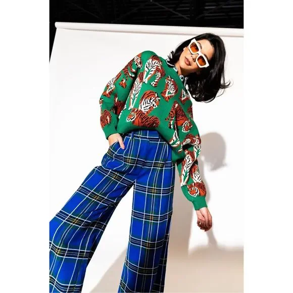 ✨SOLD✨Dressed by LALA Lovers Lane Plaid Wide Leg Sz 2X Trousers in Cobalt Blue✨ - Picture 3 of 9